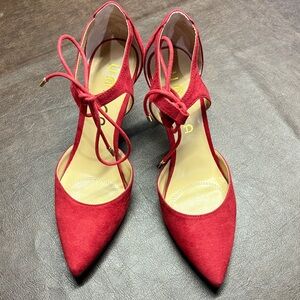 Red Lace-Up Pointed-Toe Women's Heels